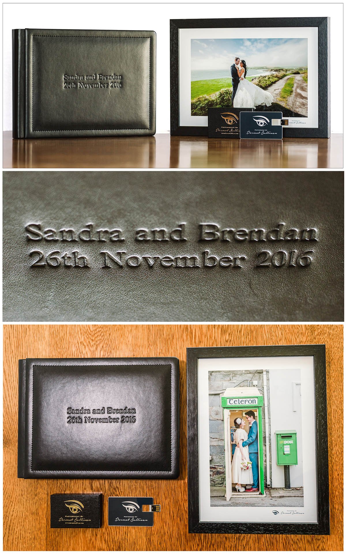 An Embossed Storybook Wedding Album and a framed wedding photograph on a table